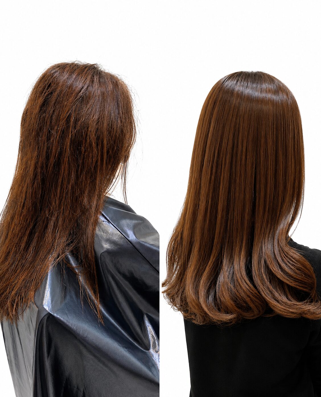Before and after Japanese hair straightening Tokyo — frizzy color-treated Asian hair transformed to smooth and shiny
