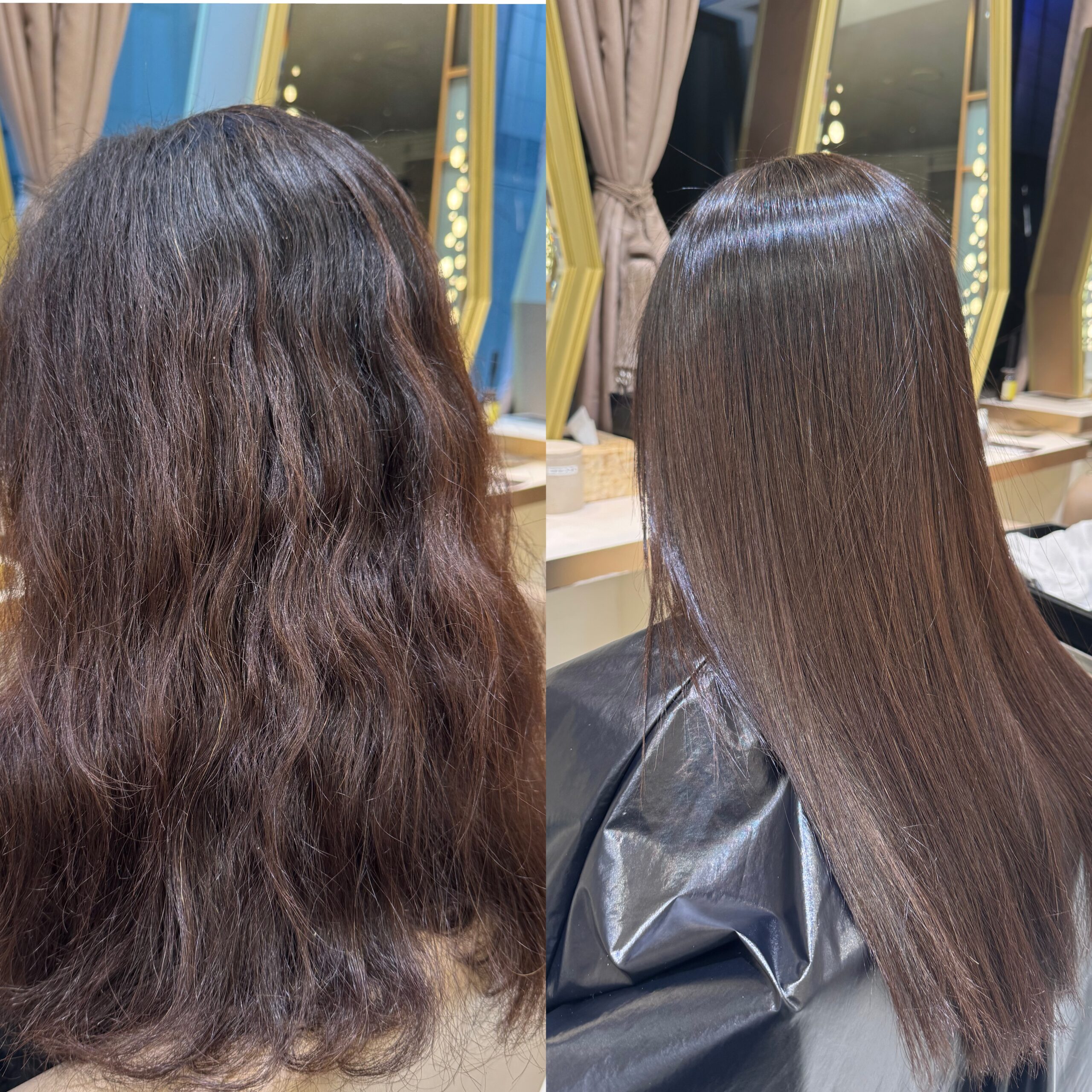 Before and after Japanese acid straightening Indian hair Tokyo — medium length wavy frizzy hair transformation