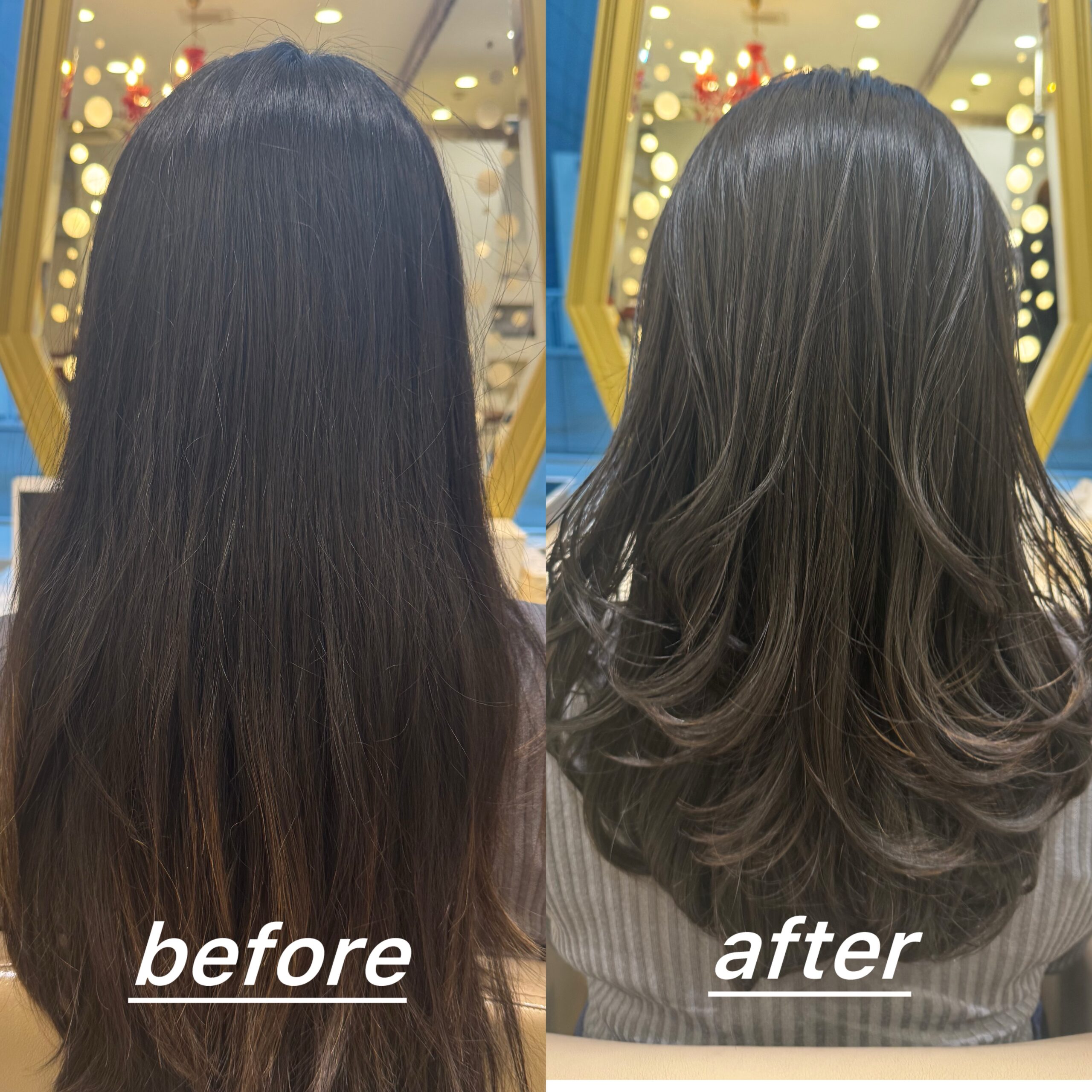 Layered haircut for long thick hair, Tokyo Ginza, before and after