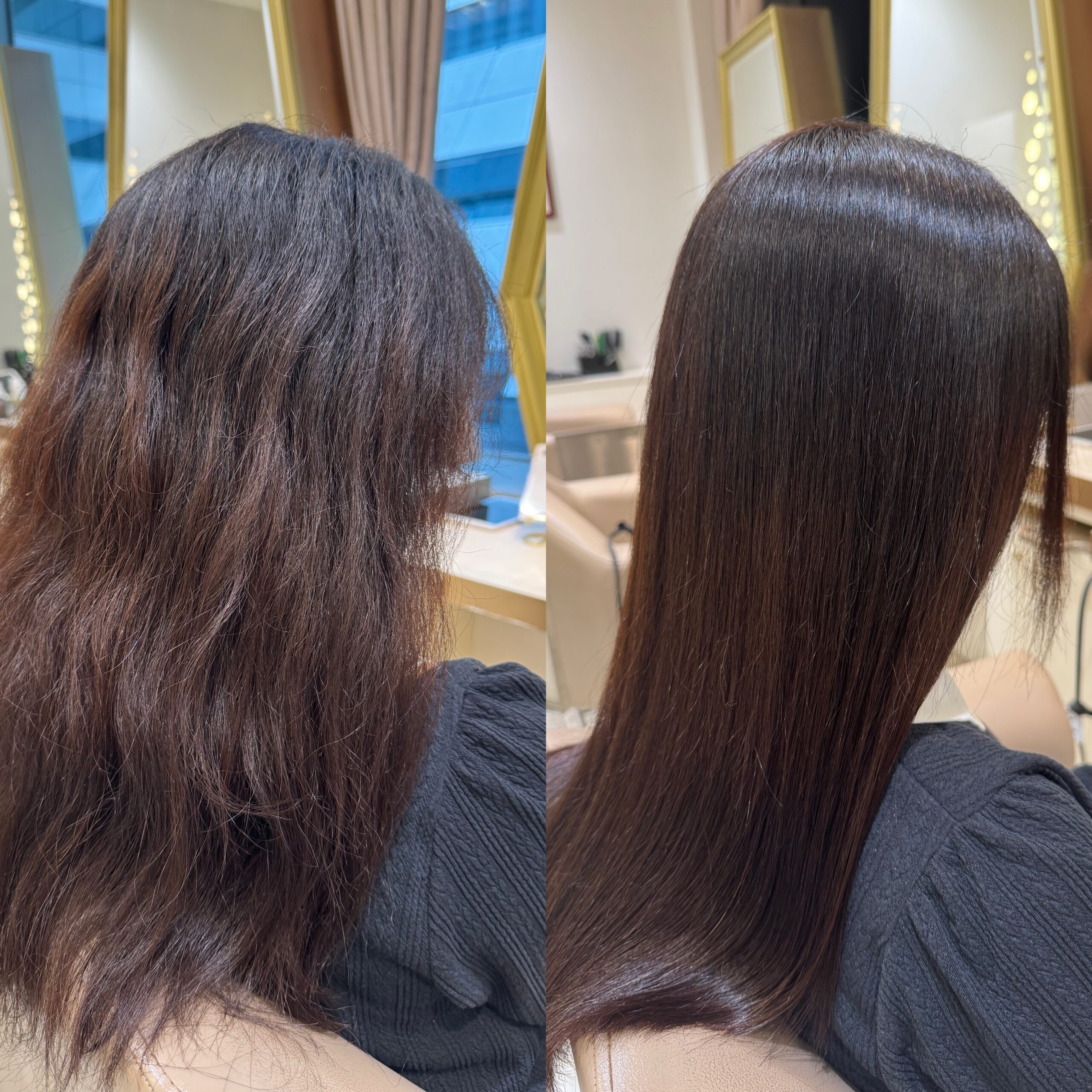 Before and after Japanese acid straightening Indian hair Tokyo Ginza — irregular wave to smooth straight result