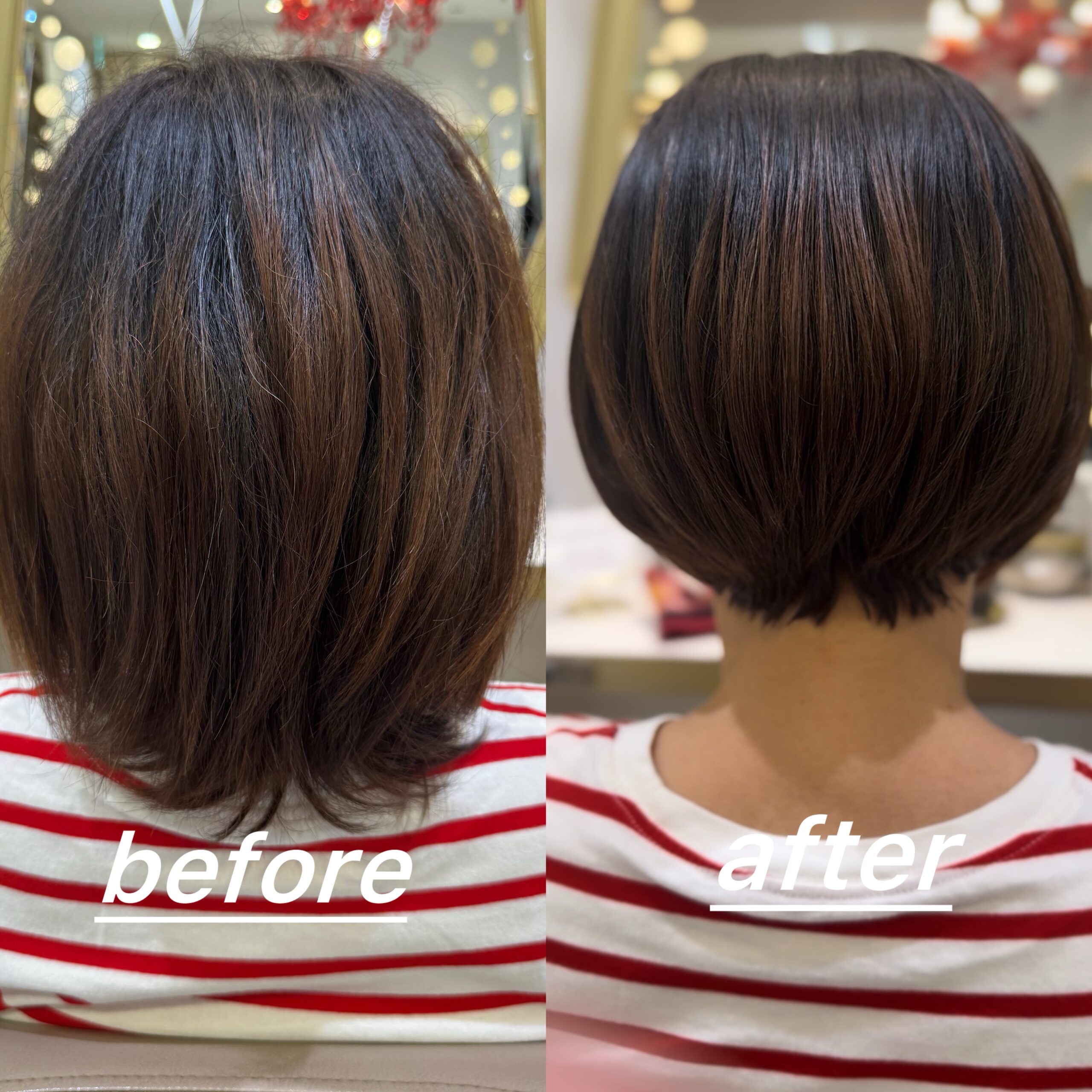 Japanese acid straightening result Filipino client Ginza Tokyo — smooth sleek bob side view after treatment