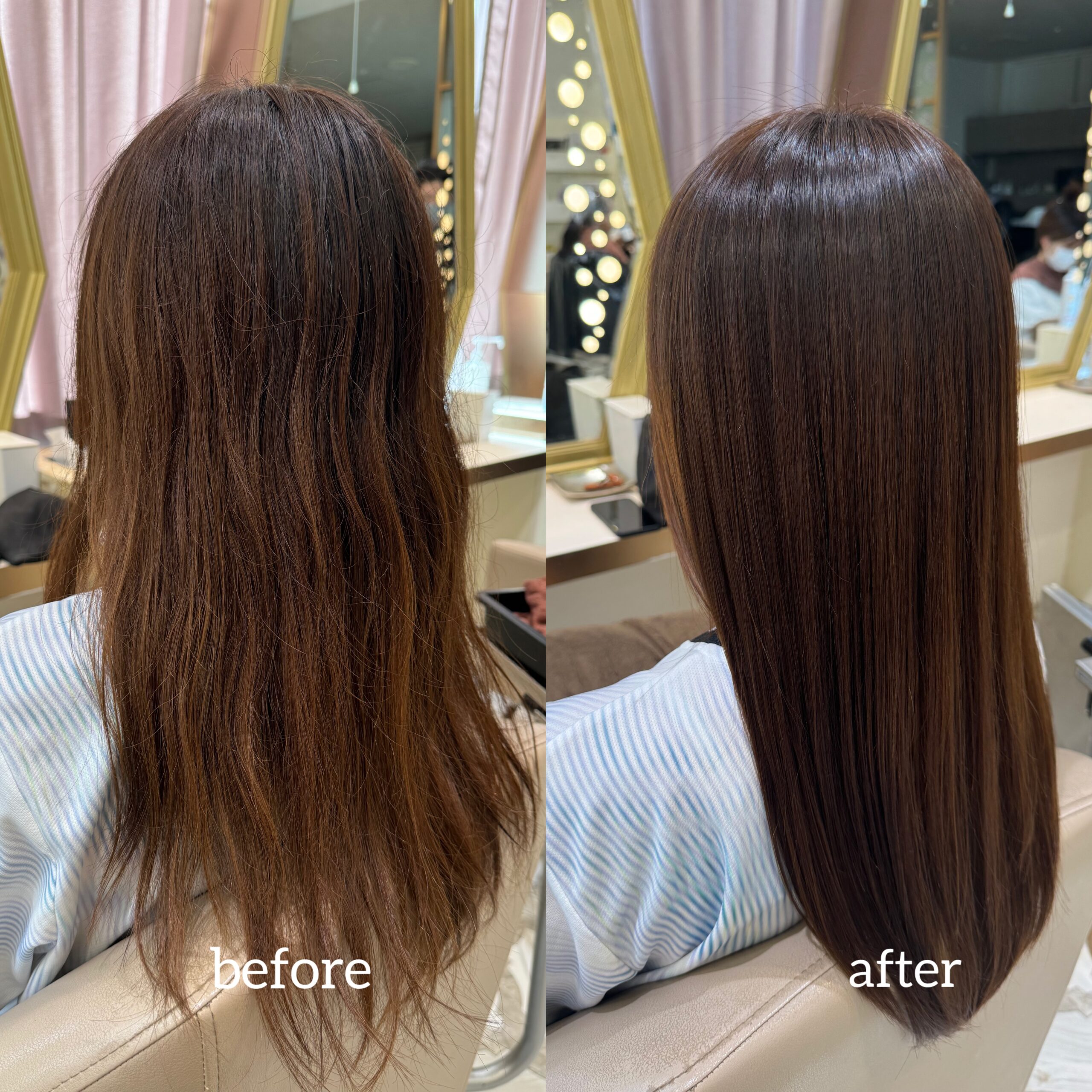 Before and after acid straightening Korean client Tokyo — texture analysis frizz reduction shine improvement