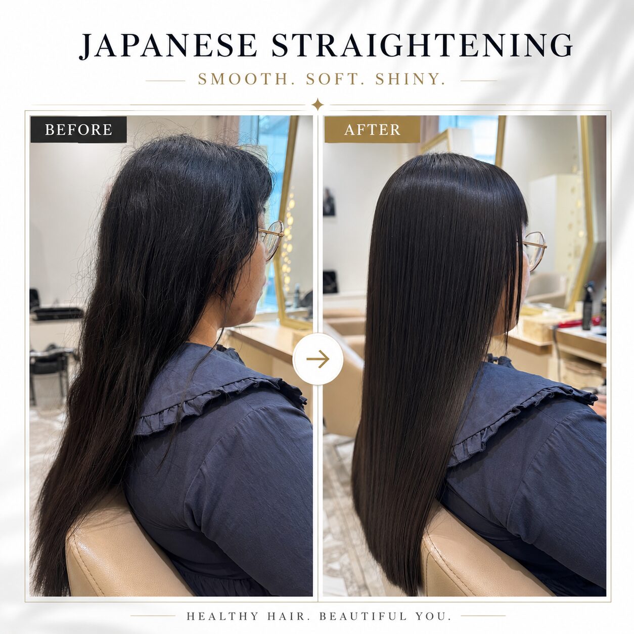 Before and after Japanese straightening and keratin X treatment, healthy shiny straight hair, Ginza