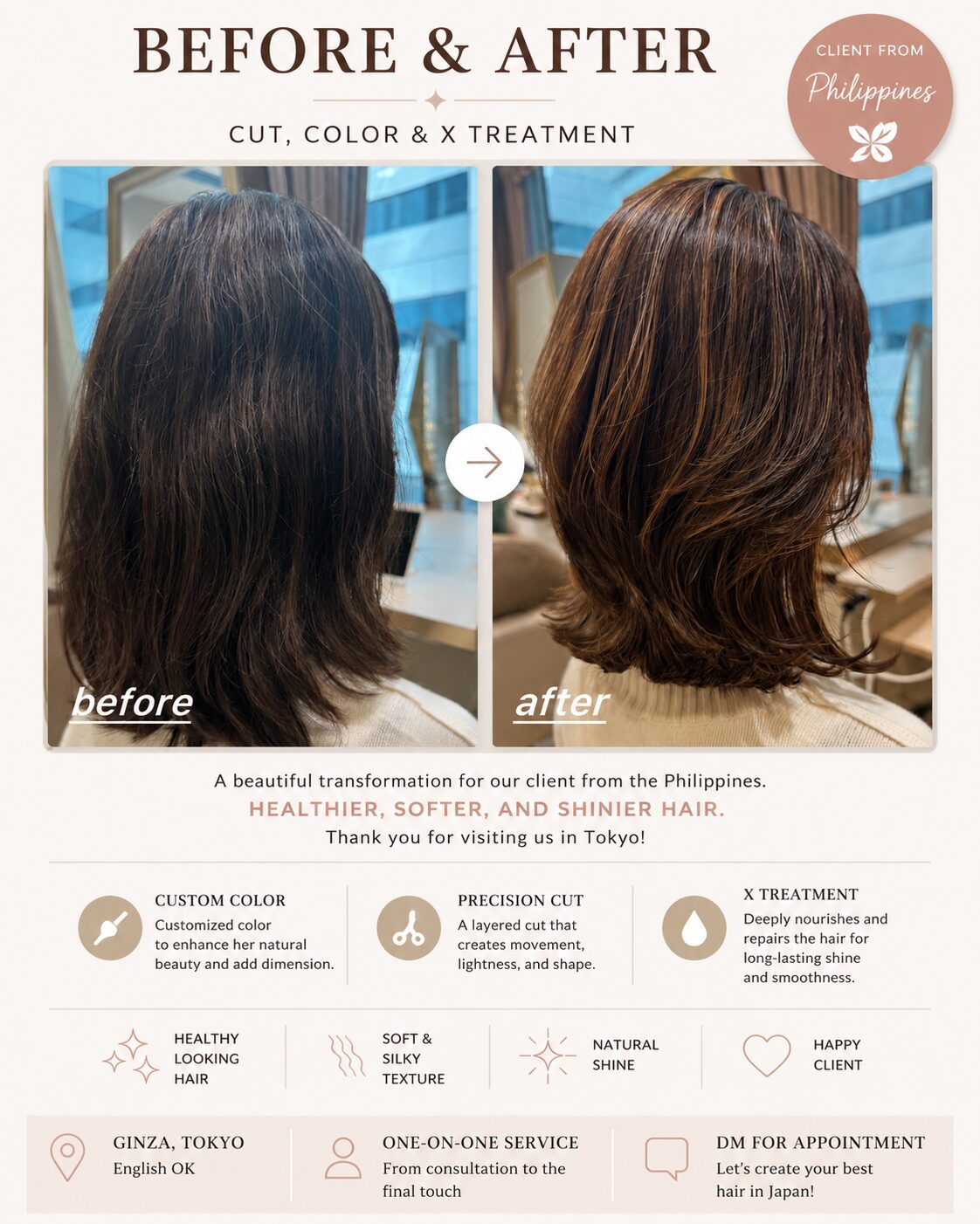 Filipino client hair before and after cut, color and X treatment, Ginza Tokyo
