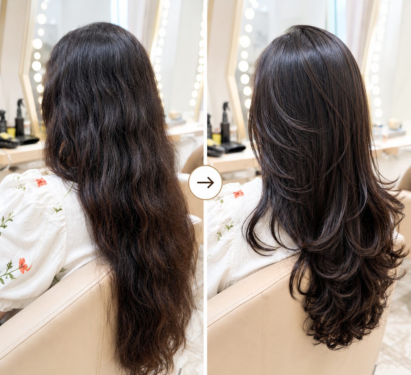 Before and after: thick, frizzy Indian hair smoothed with a layer cut and X Treatment in Tokyo