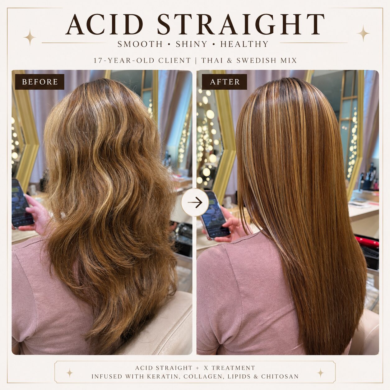 Smooth, healthy-looking result after acid straightening and keratin X Treatment in Tokyo