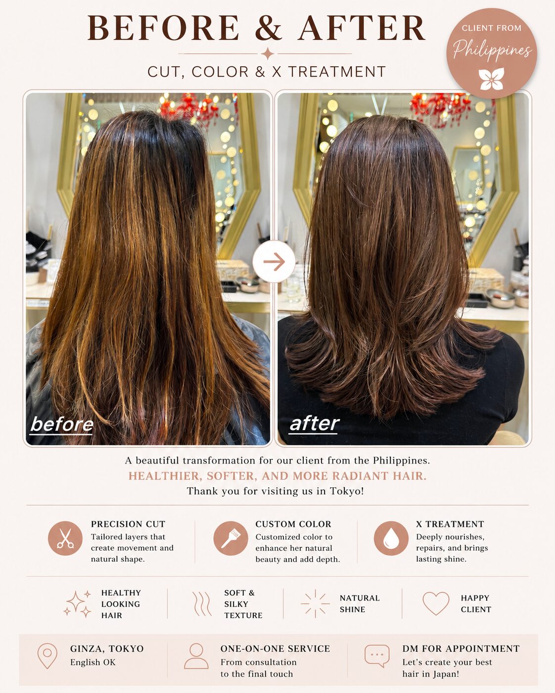 Filipino client damaged hair to soft shiny result with color and X treatment, Tokyo