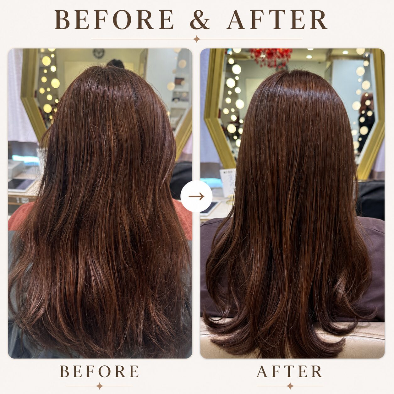 Damaged hair repaired with protein-infused color and X treatment, soft shiny finish, Tokyo