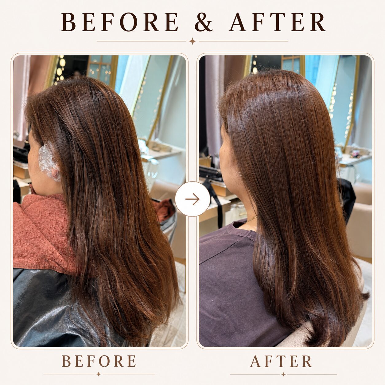 Filipino client before and after cut, color and X treatment, glossy result, Ginza Tokyo