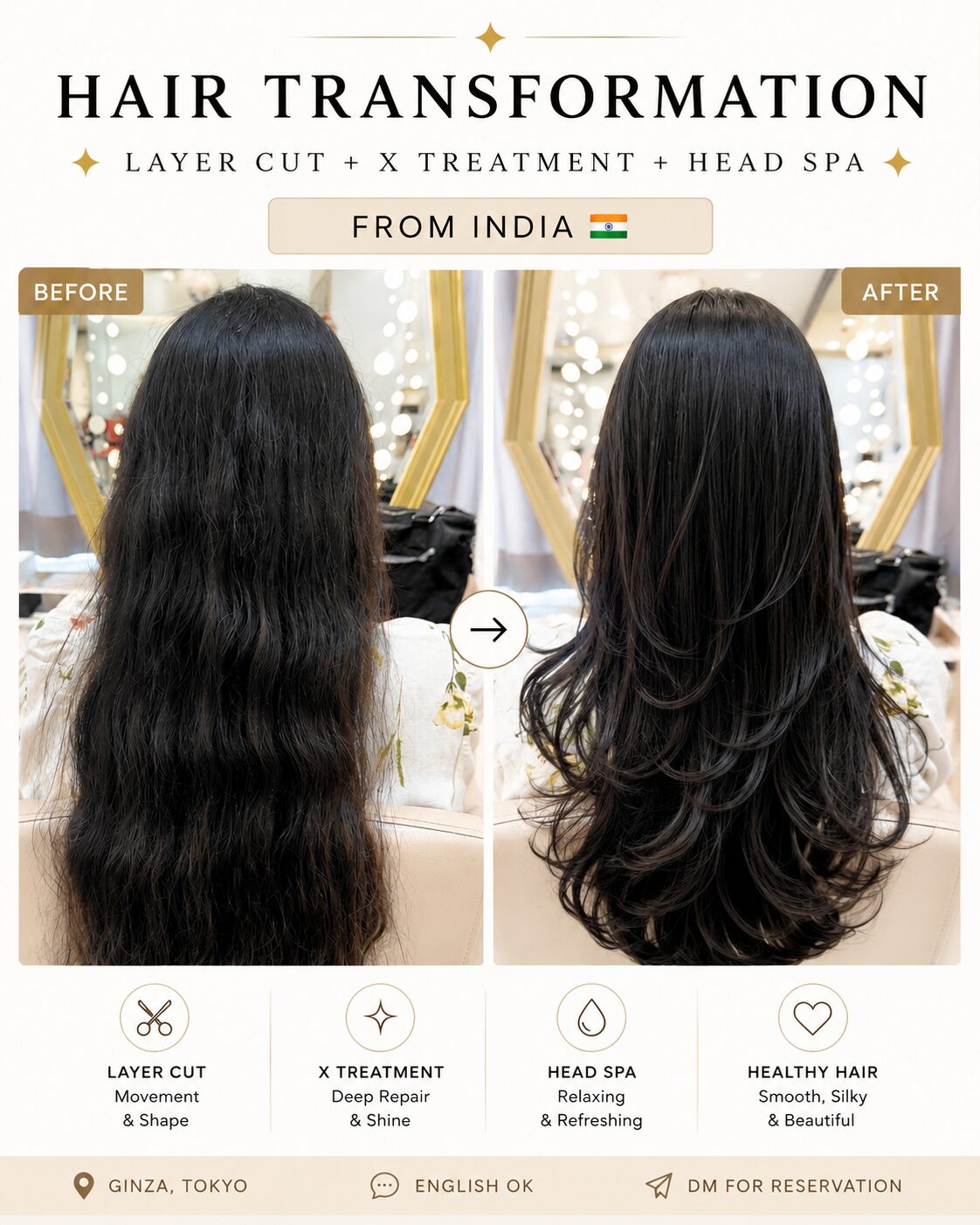 Side view before and after — layer cut and X Treatment on thick Indian hair, Ginza Tokyo