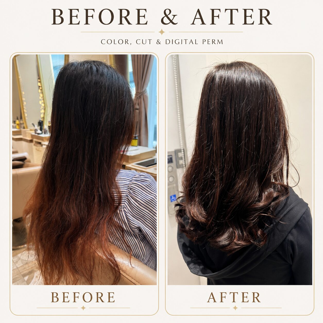Hong Kong client hair makeover in Tokyo: cut, color and digital perm before and after