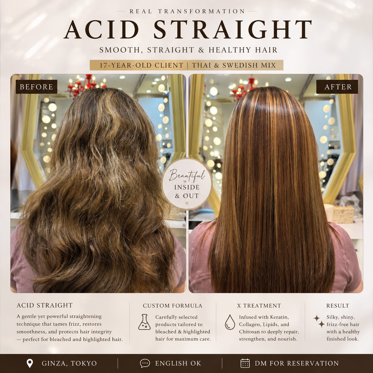 Bleached and highlighted hair transformed with acid straightening and X Treatment repair, Tokyo
