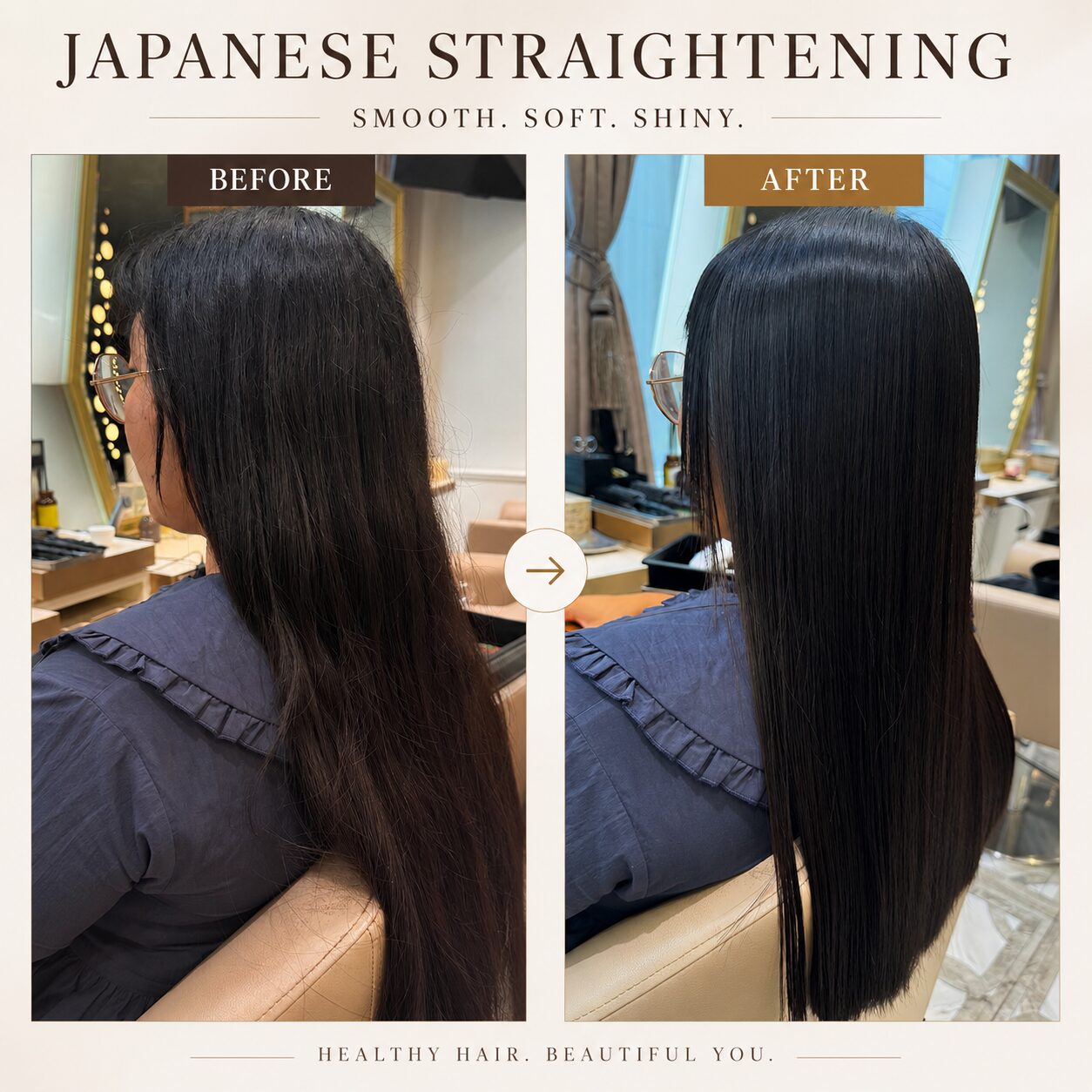 US client thick dry hair before and after Japanese acid straightening, smooth result, Tokyo