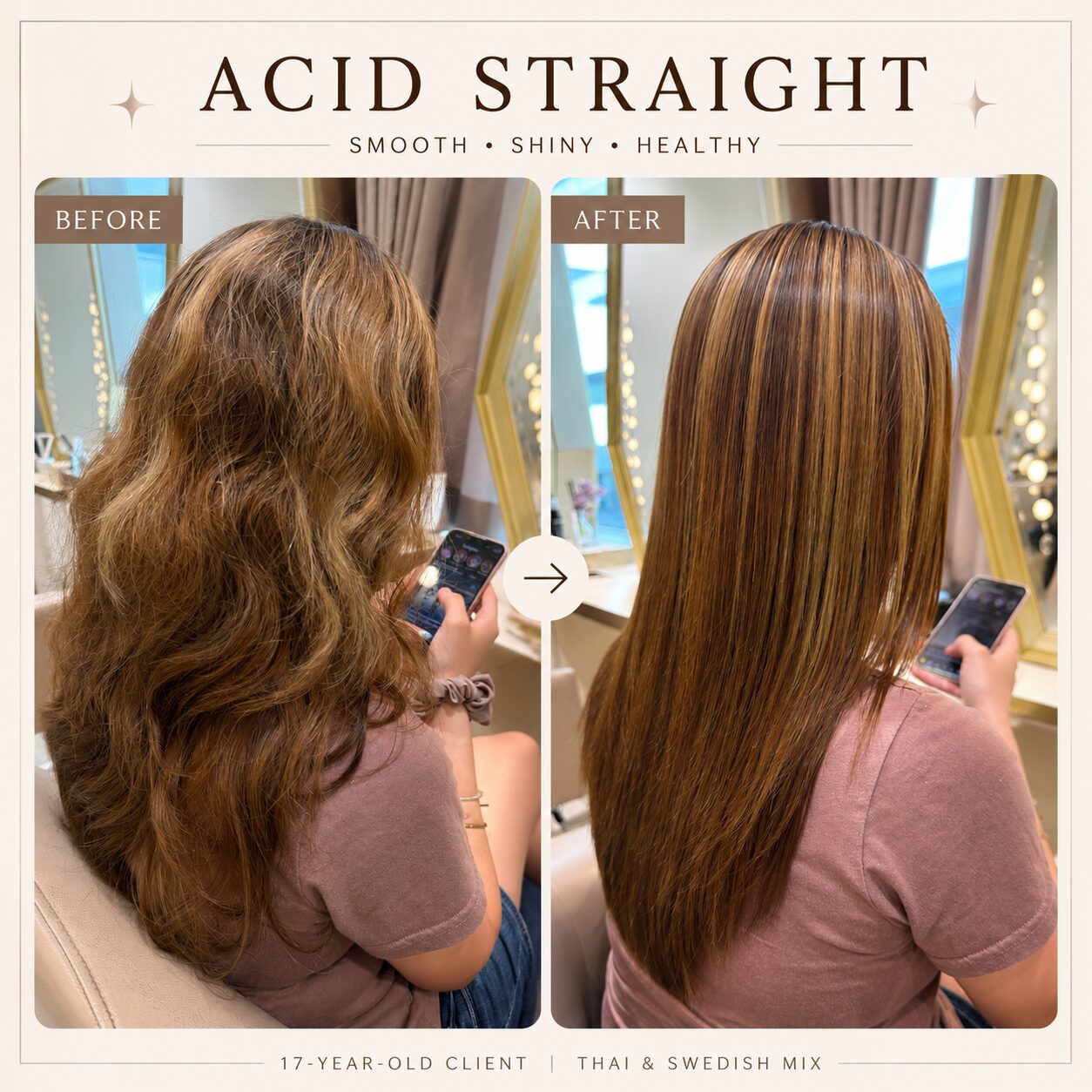 Acid straightening before and after on previously bleached, highlighted hair, Ginza Tokyo