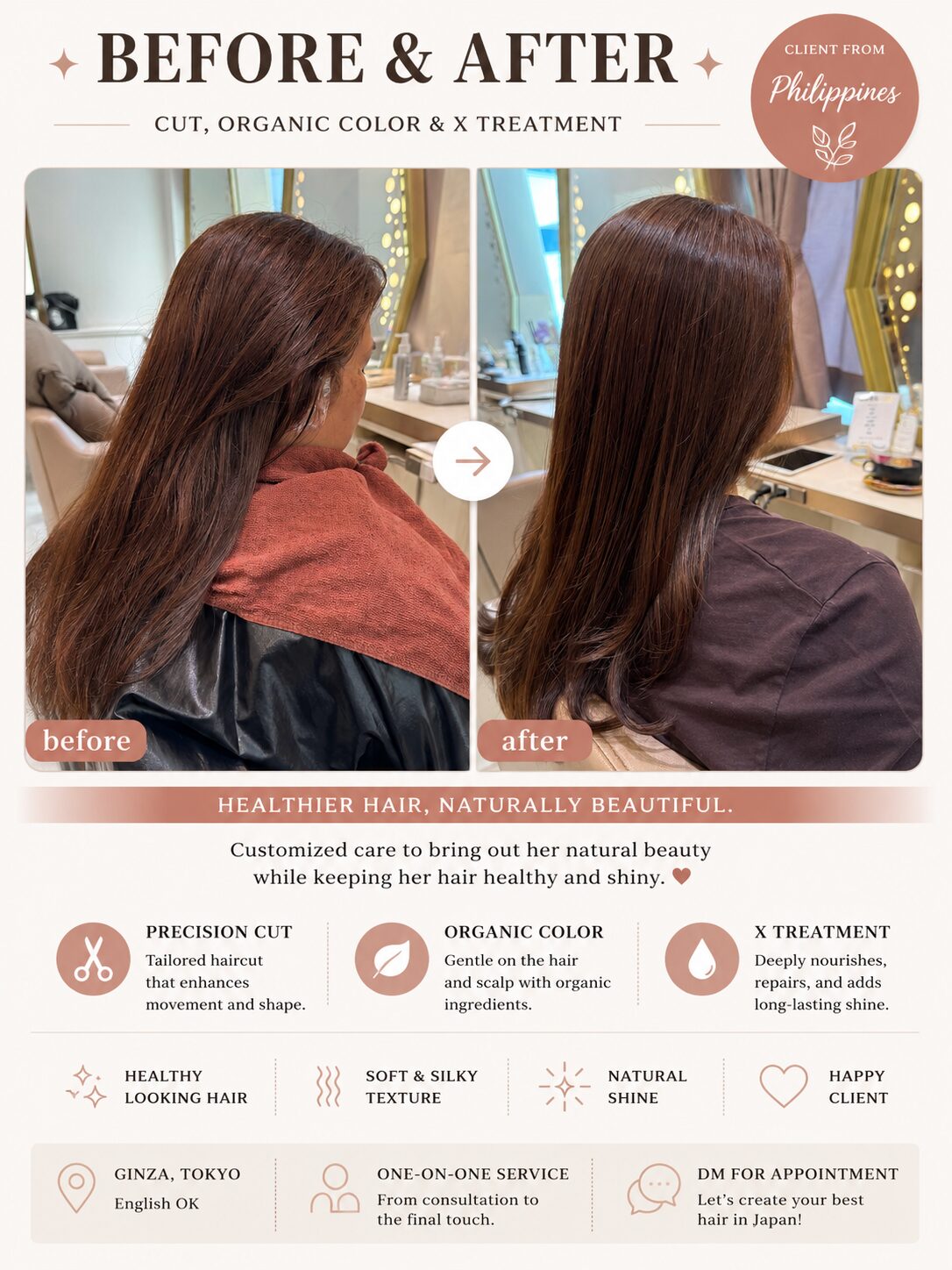 Filipino client new hair color and healthy shine after X treatment, Tokyo salon