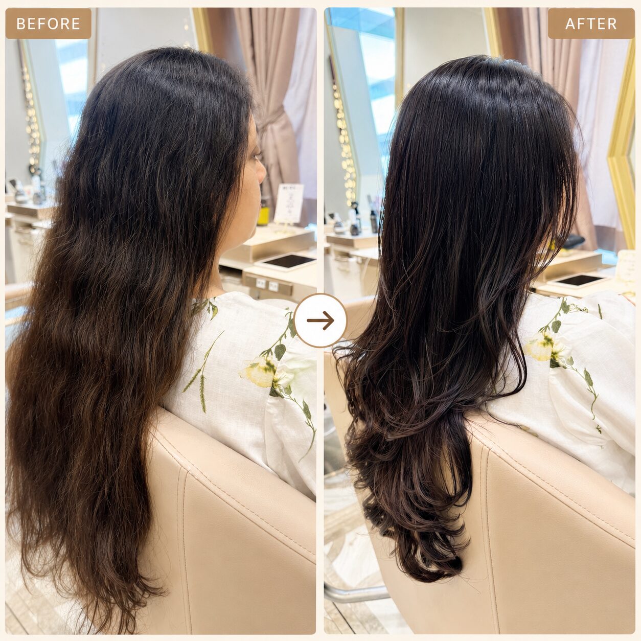 Layer cut and X Treatment for Indian hair in Tokyo — before and after, Kenji Hair Lounge Ginza
