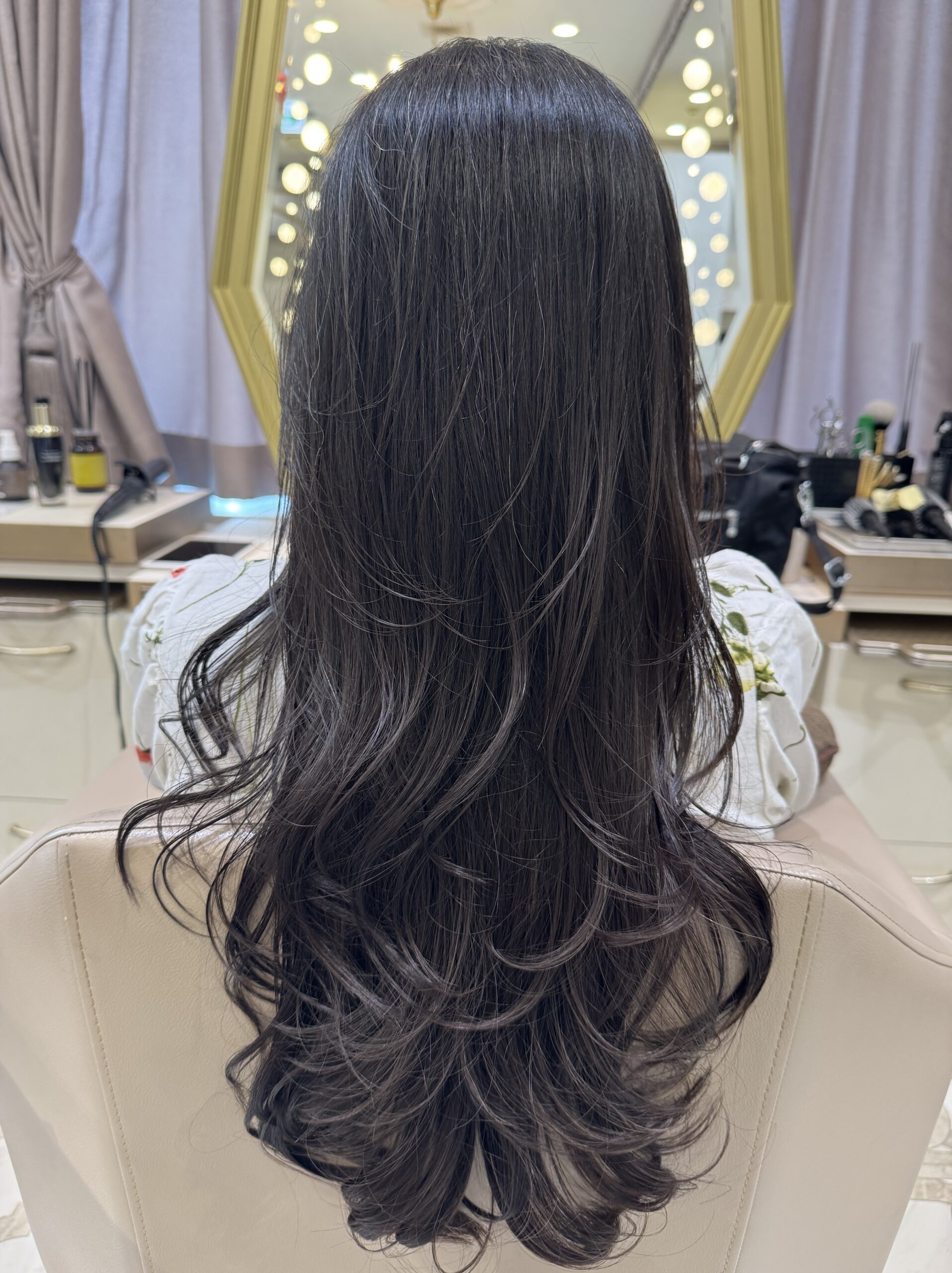 Before — thick, voluminous, wavy Indian hair that expands and is hard to manage