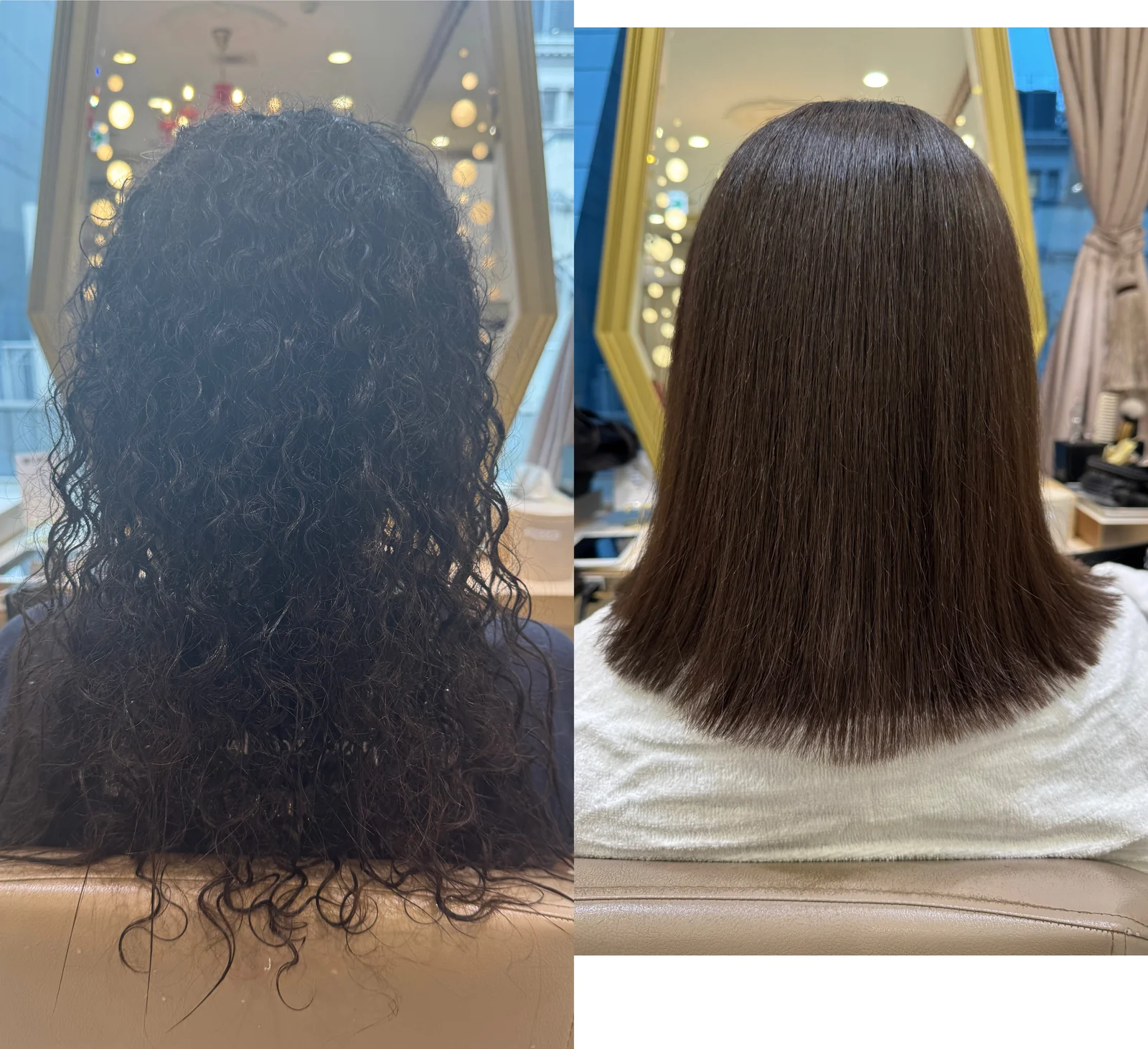 Back view of Algerian curly hair before and after Japanese hair straightening in Ginza Tokyo