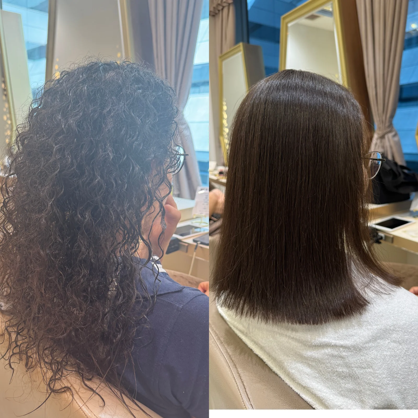 Side view before and after hair straightening for an Algerian woman with fine curly hair in Tokyo