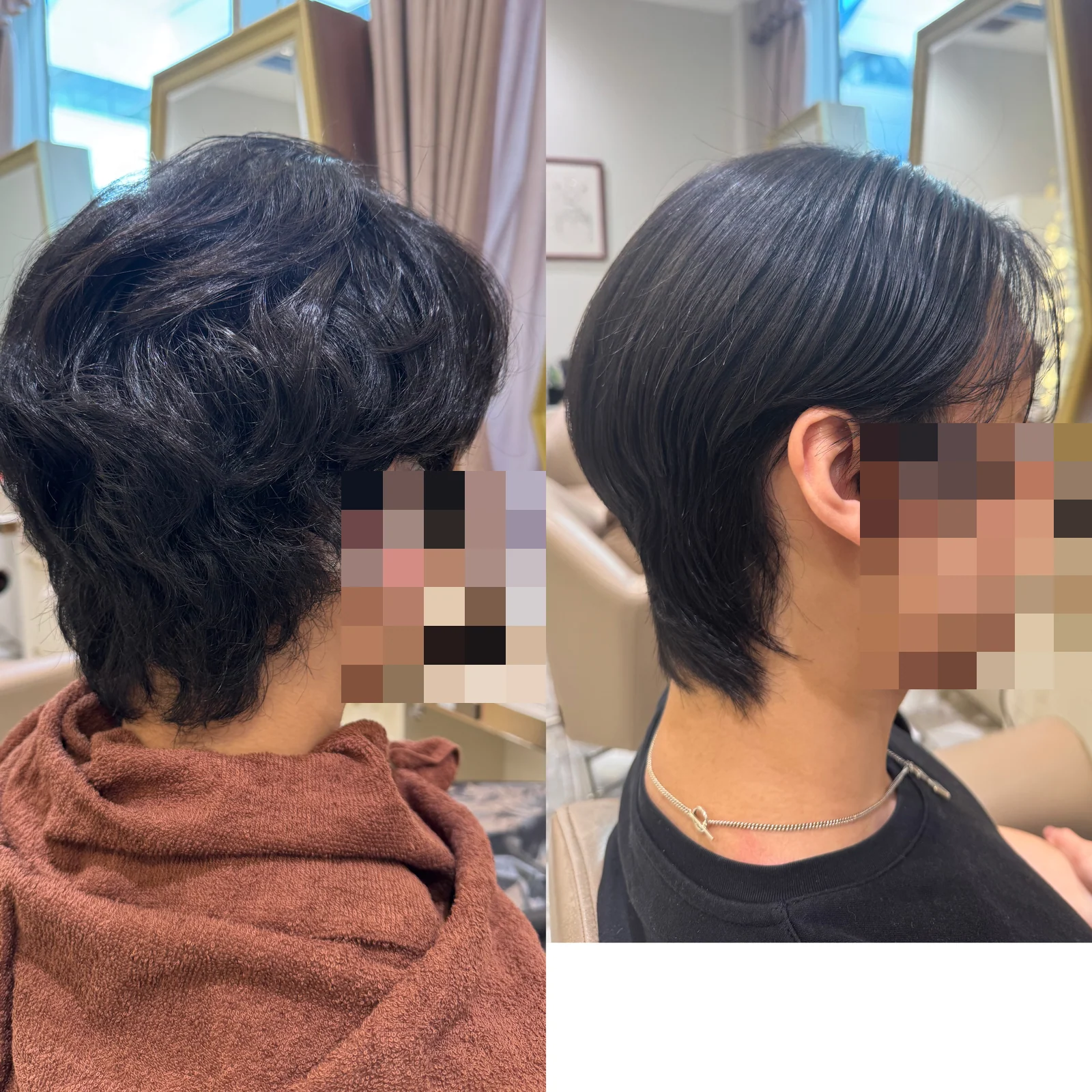 Acid straightening result preserving root volume on short Chinese hair in Ginza, face mosaicked for privacy