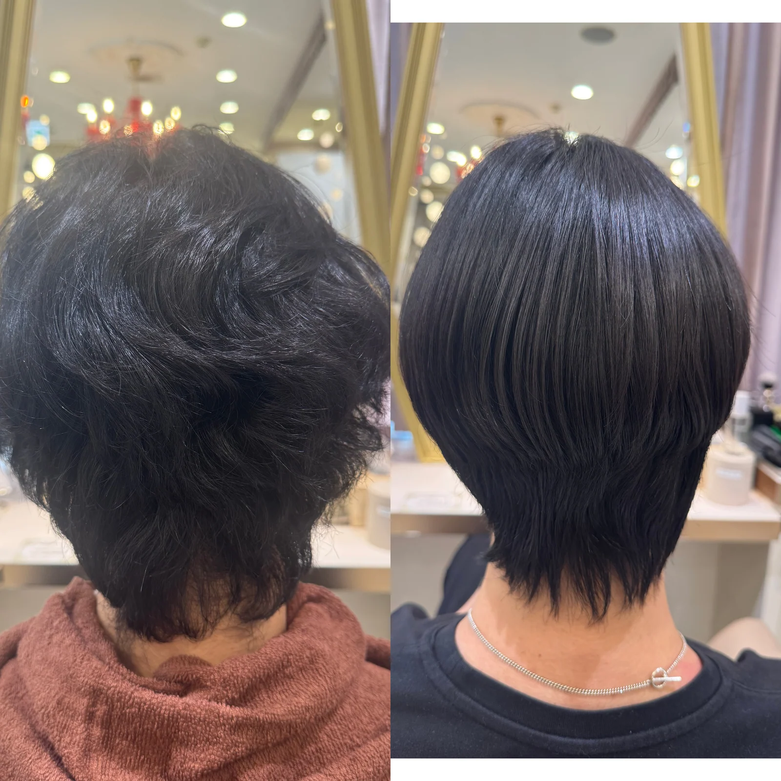 Before and after acid straightening for coarse wavy Chinese hair in Ginza, back view