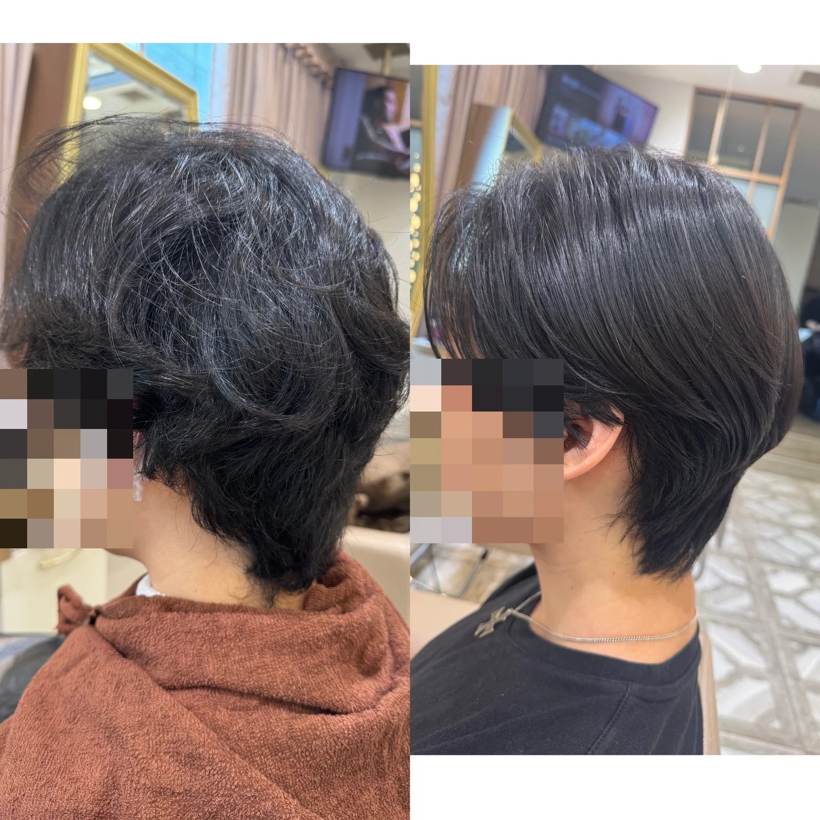 Side-view before and after acid straightening for short coarse wavy hair in Ginza, face mosaicked for privacy