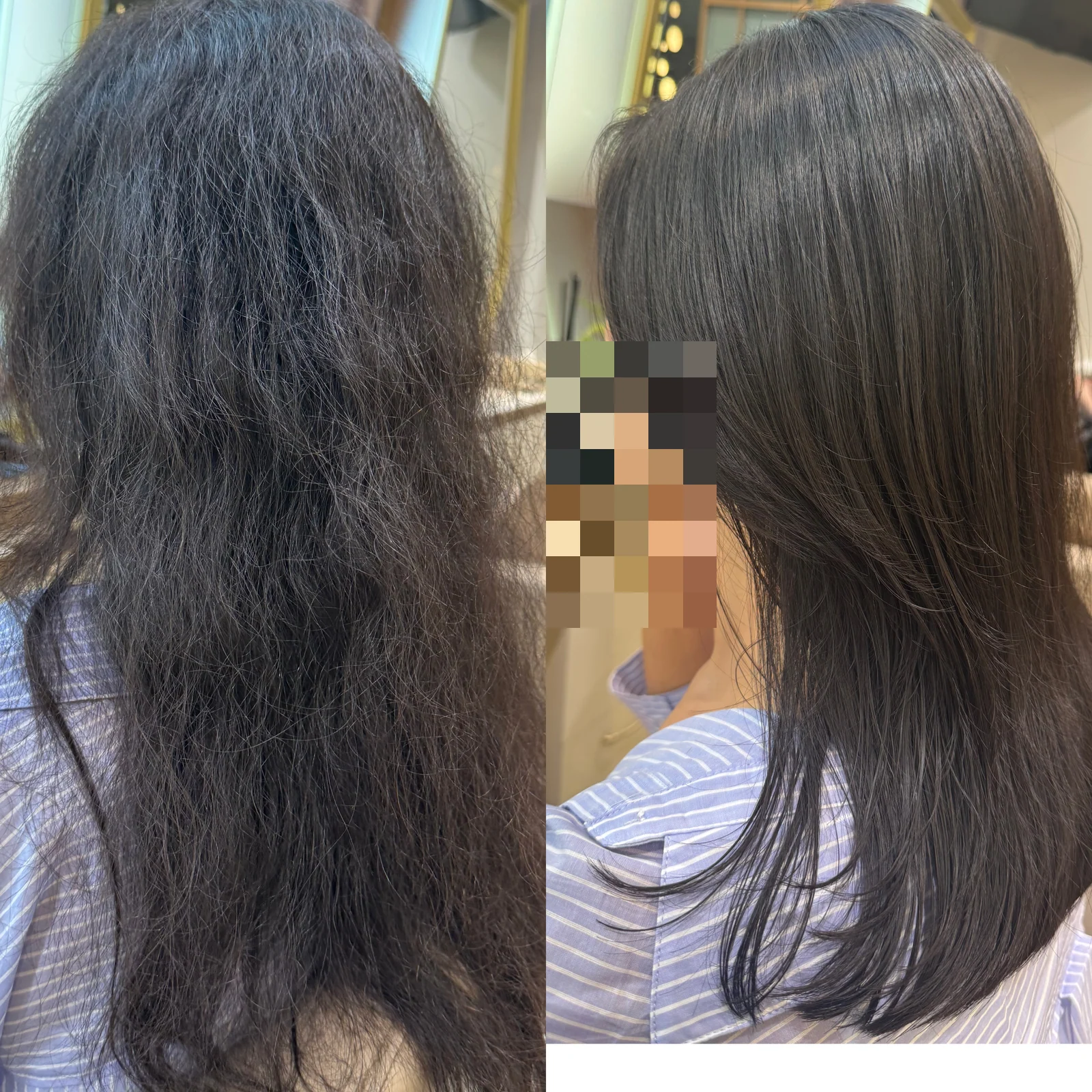 Side-view before and after Texture Control treatment for dry damaged fine Indian hair, face mosaicked for privacy