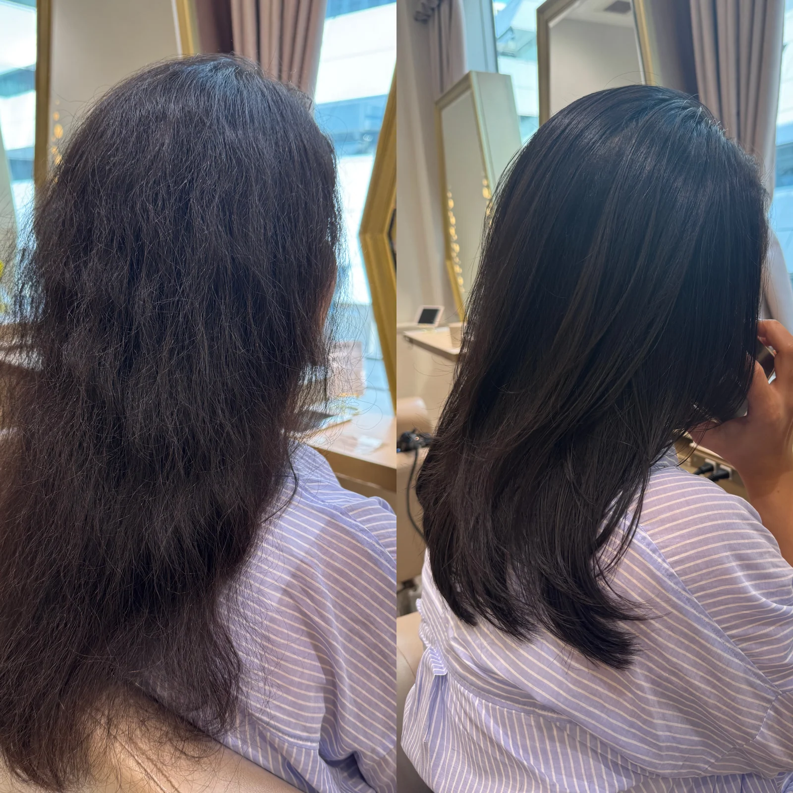 Before and after haircut and Texture Control treatment for fine soft wavy Indian hair