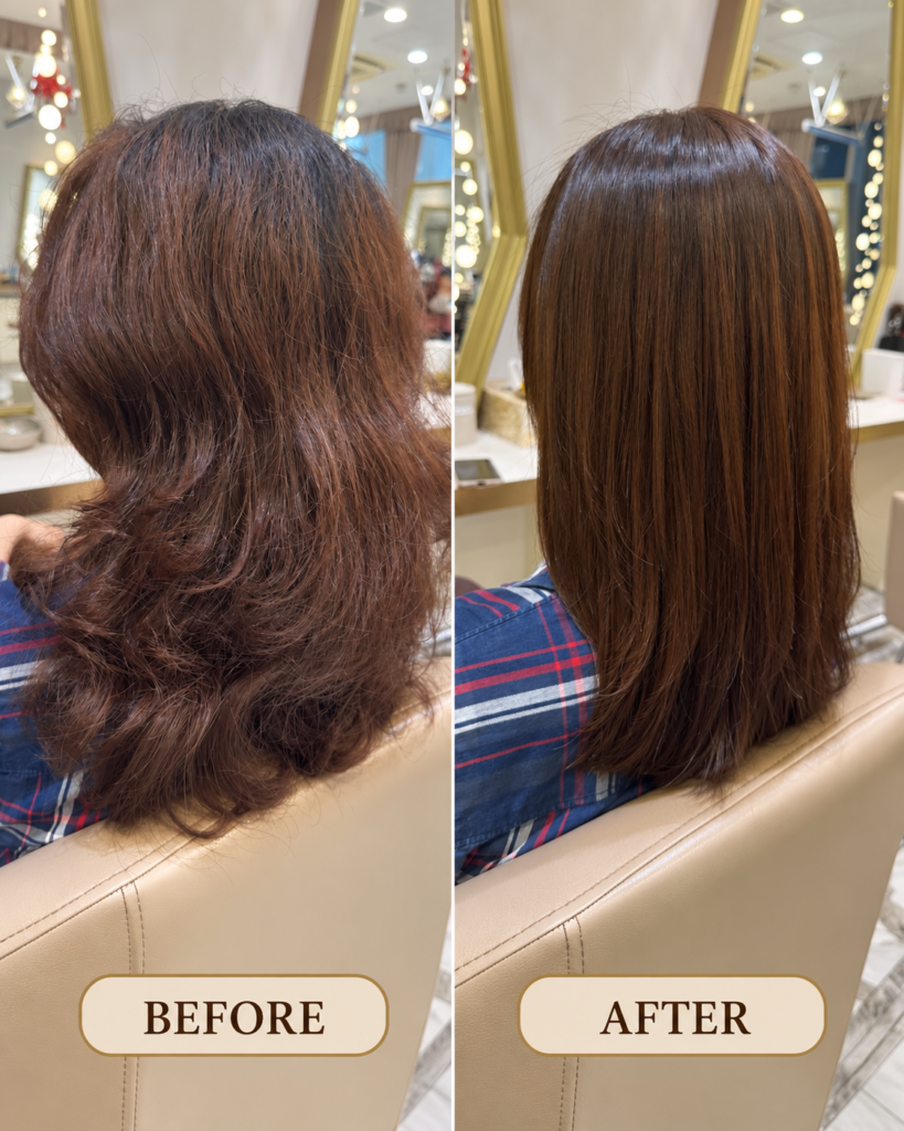 Before and after Japanese hair straightening with root color — side view, natural smooth finish