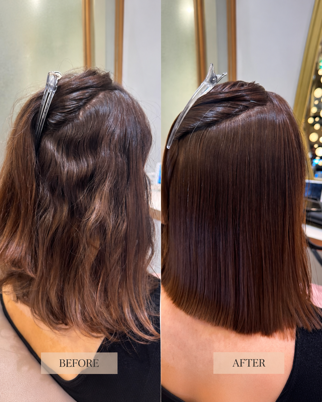 Before and after Japanese acid hair straightening on wavy hair — back view showing sleek, straight shoulder-length result at Ginza salon