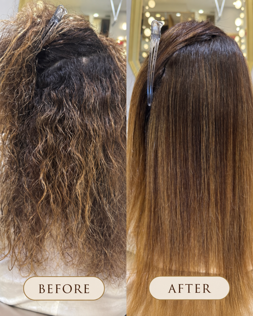 Close-up of roots before and after Japanese hair straightening on highlighted hair