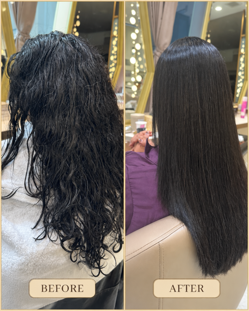 Before and after Japanese hair straightening in Tokyo — side view of thick wavy hair now sleek and straight