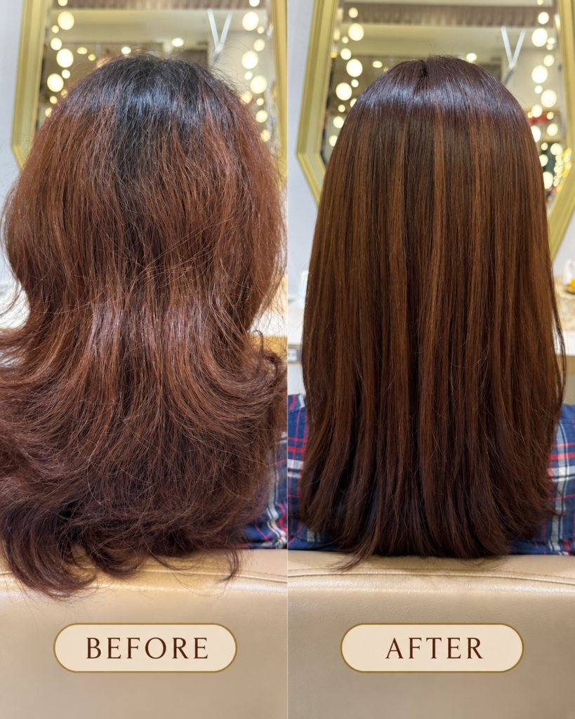 Indian guest living in Japan — before and after Japanese hair straightening, back view: frizzy voluminous hair transformed into smooth natural straight