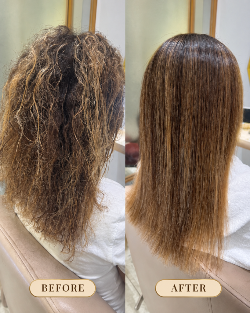 Before and after acid straightening on bleached wavy hair, side view — frizz transformed into smooth straight hair