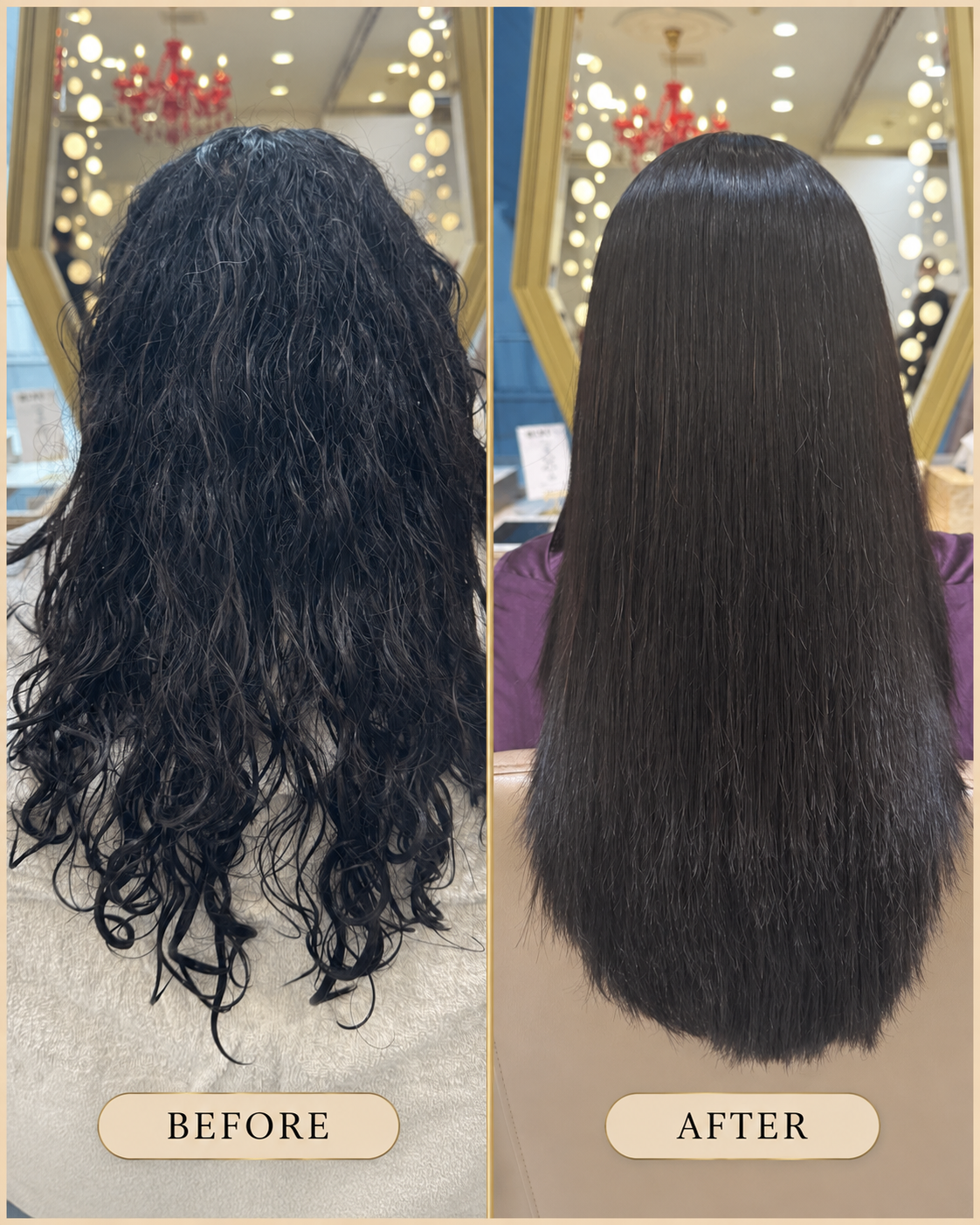 Indian guest from California before and after Japanese hair straightening in Tokyo — thick curly hair transformed into smooth straight hair, back view