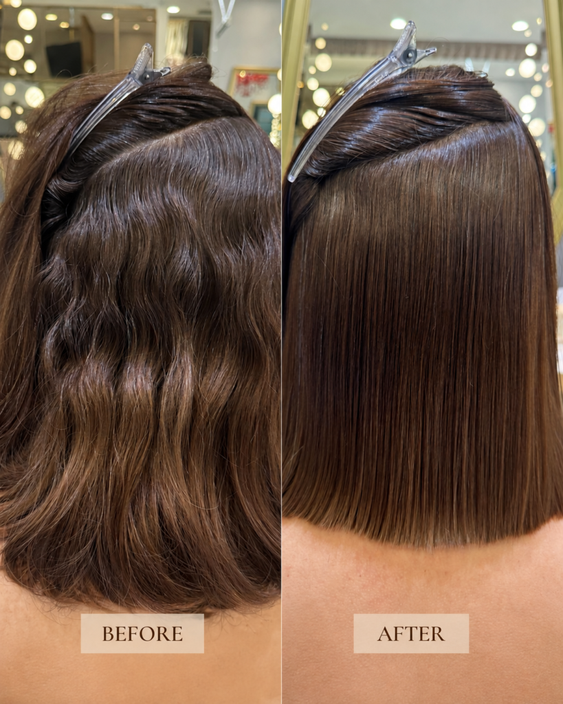 Before and after acid straightening, side view — wavy frizzy hair transformed into smooth straight hair
