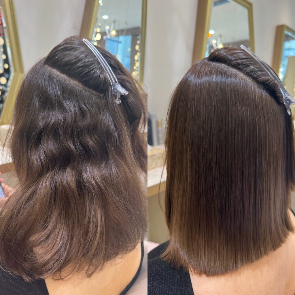 Side-by-side comparison of wavy hair before and glossy straight hair after acid straightening