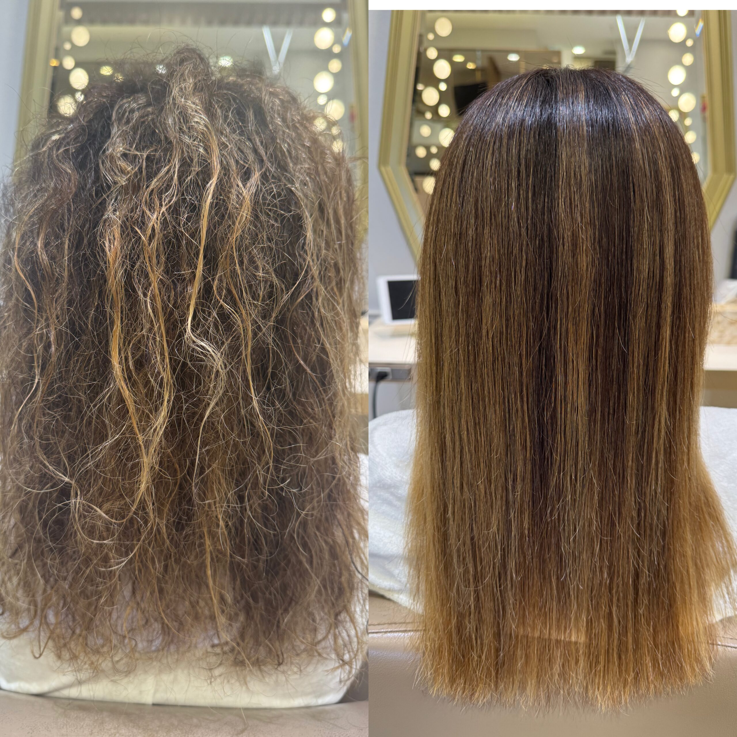 Before and after Japanese hair straightening on bleached, highlighted curly hair — back view showing sleek straight result