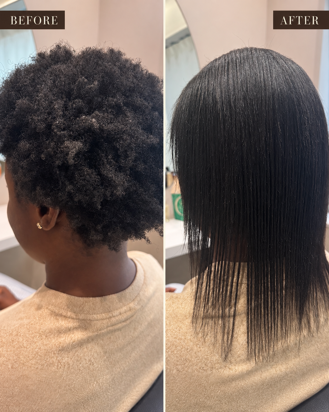 Before and after Japanese hair straightening on curly hair from the back