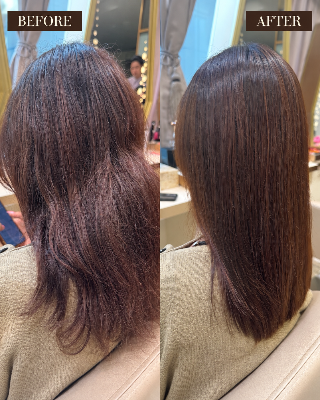 Before and after Japanese hair straightening on damaged hair, back view
