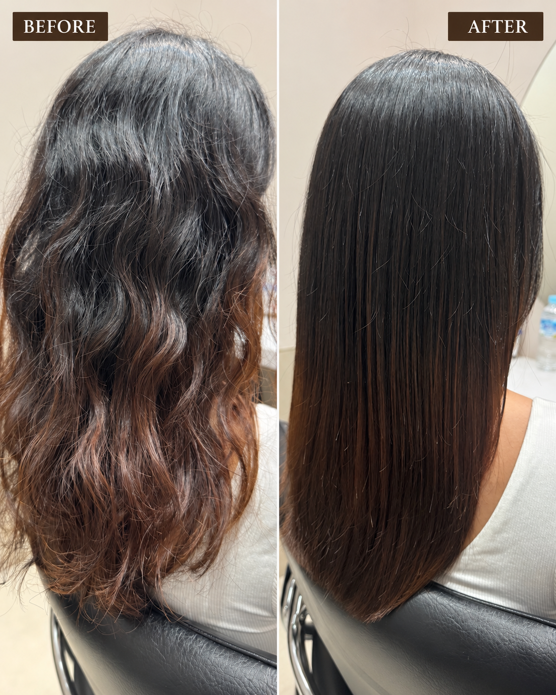 Before and after hair straightening, back of the head at an angle