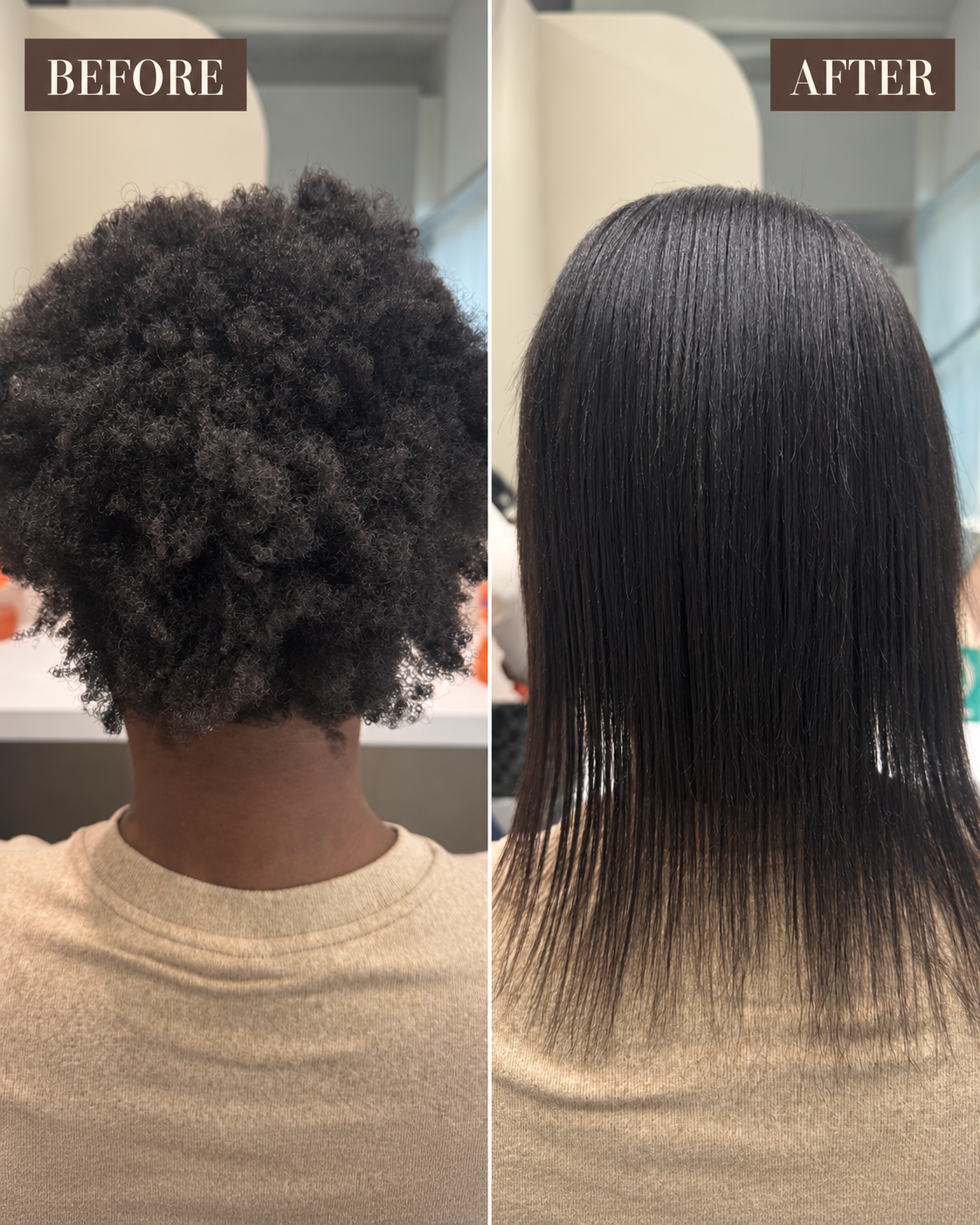 Before and after hair straightening, back of the head