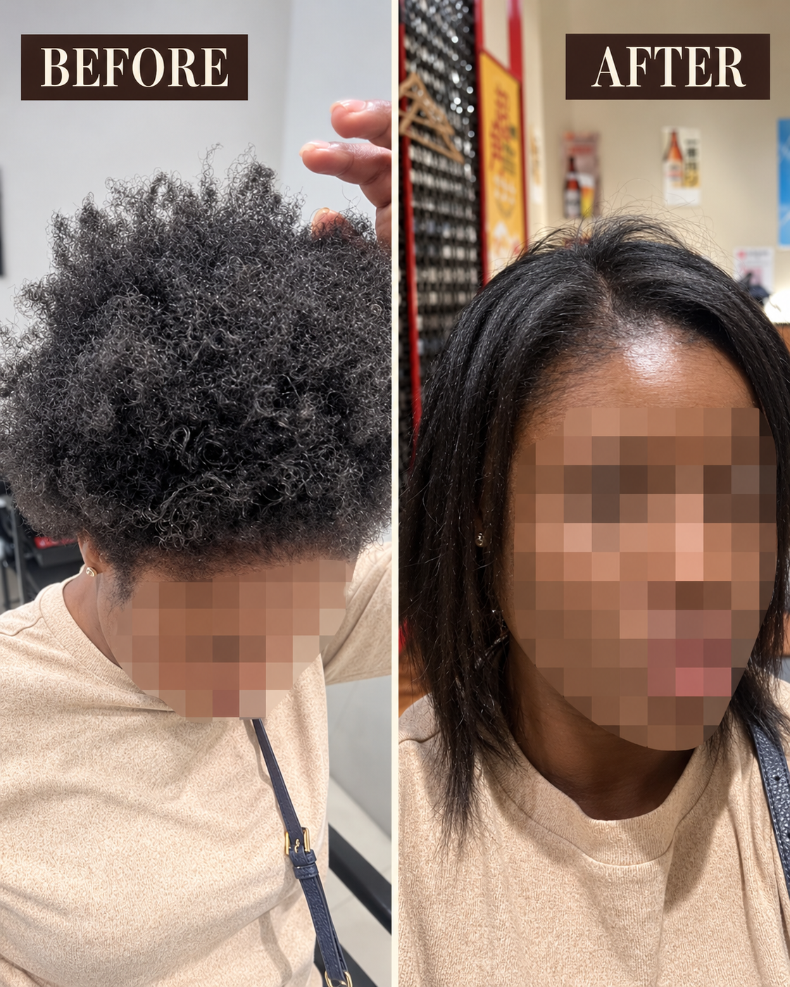 Before and after Japanese hair straightening, front view with face blurred
