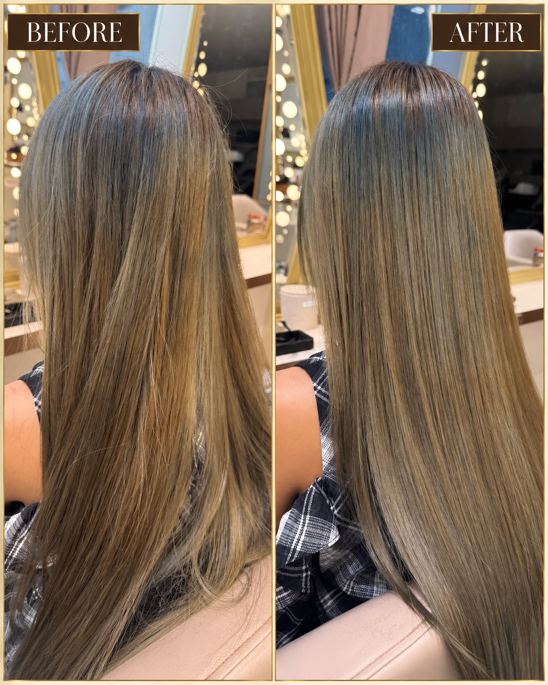 Before and after straightening on long bleached hair, back view