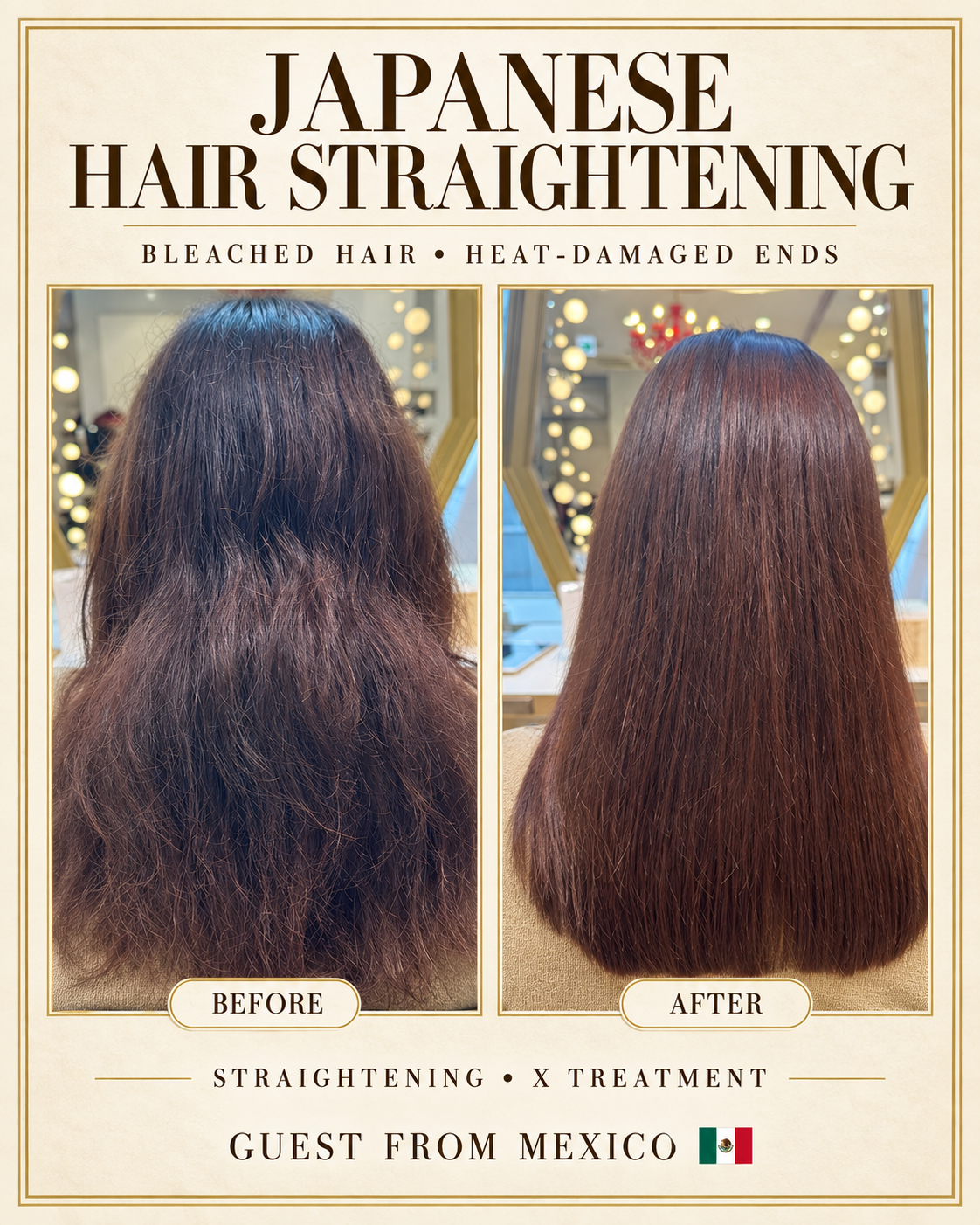 Before and after Japanese hair straightening on bleached hair with damaged ends, back view