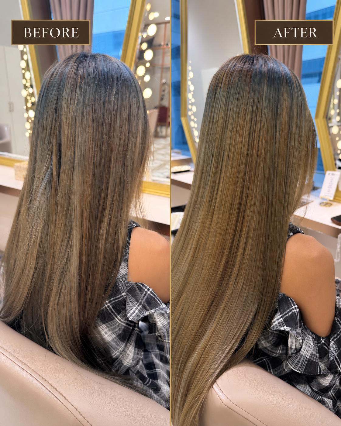 Before and after straightening on long bleached hair, side angle