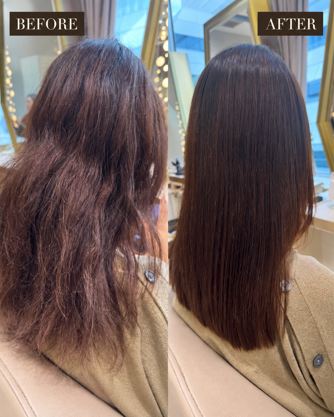 Before and after Japanese hair straightening on long hair, back view