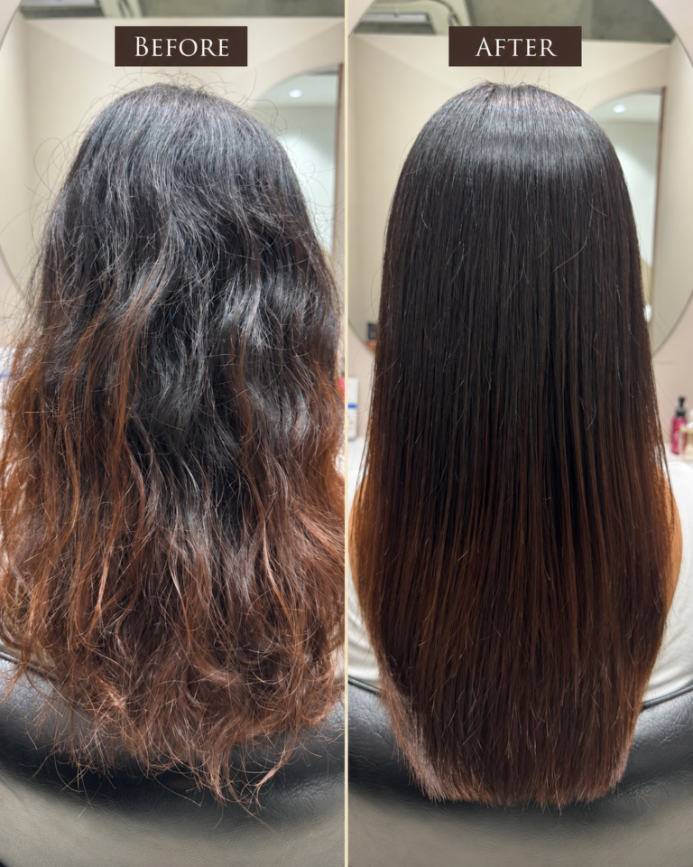 Before and after Japanese hair straightening for wavy hair