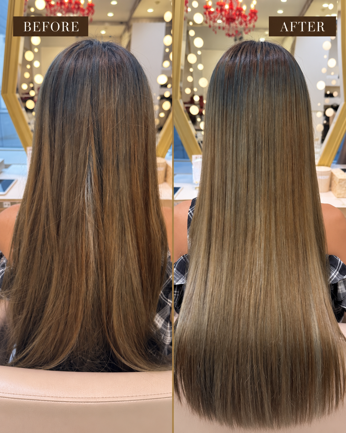 Before and after Japanese hair straightening on long bleached hair, back view
