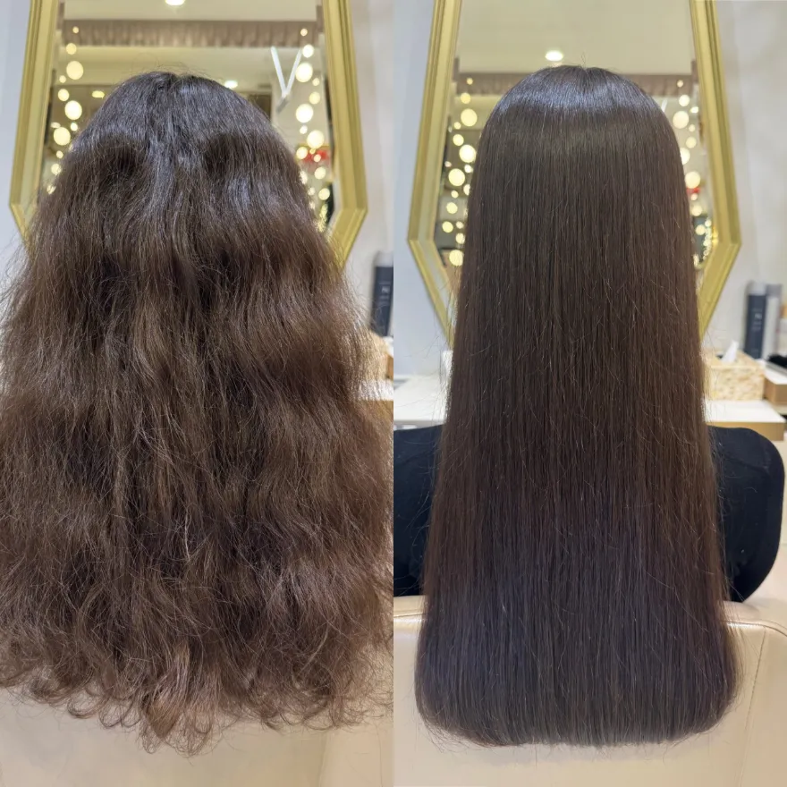 Before-and-after Japanese hair straightening on long wavy brown hair